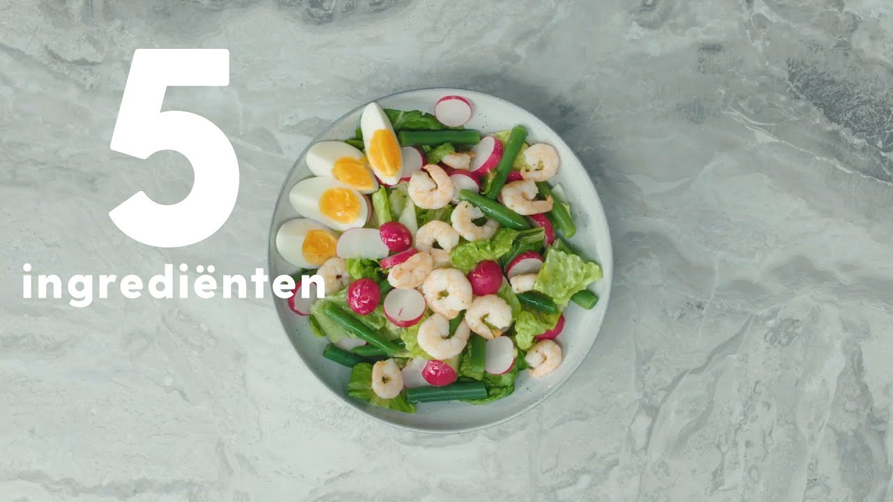 Wat eten we vandaag? Snelle maaltijdsalade met romainesla, sperziebonen en garnalen