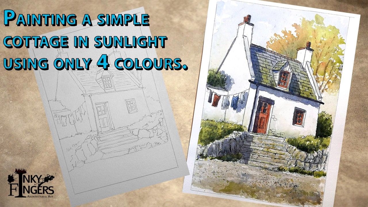 Let's paint an autumnal sunlit cottage in only 4 colours, consisting of three primaries and a green.