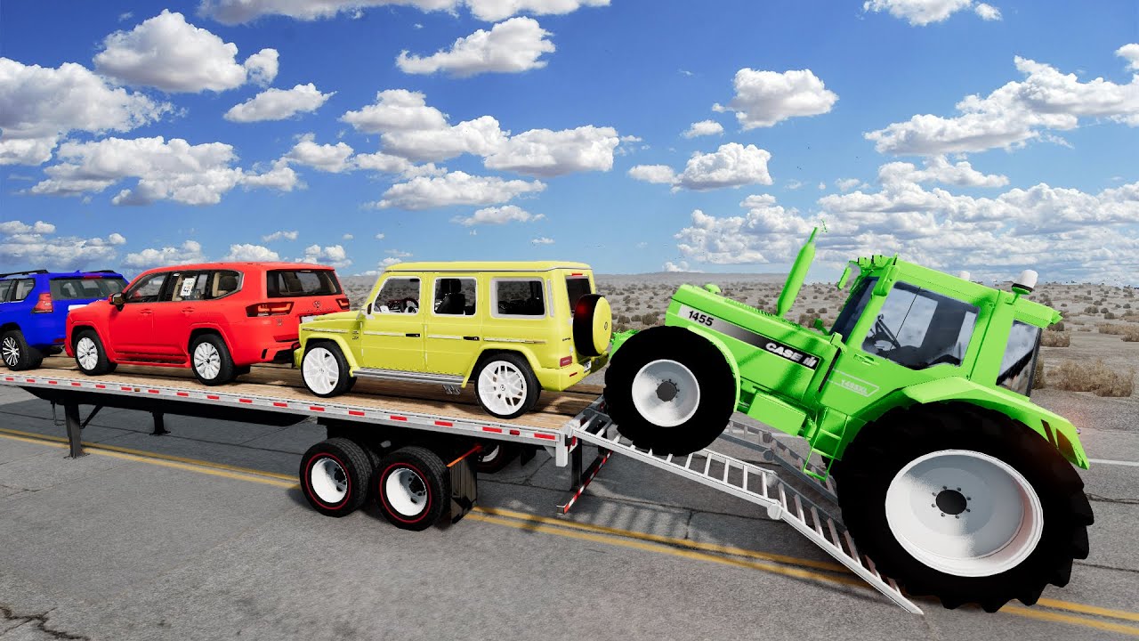 TRANSPORTING PIXAR CARS & FRUITS WITH COLORED & JOHN DEERE vs CLAAS vs TRACTORS - BeamNG.drive #983
