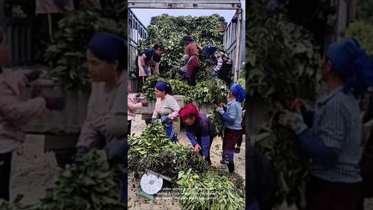 Tea leaf harvest: workers load truck with fresh tea leaves