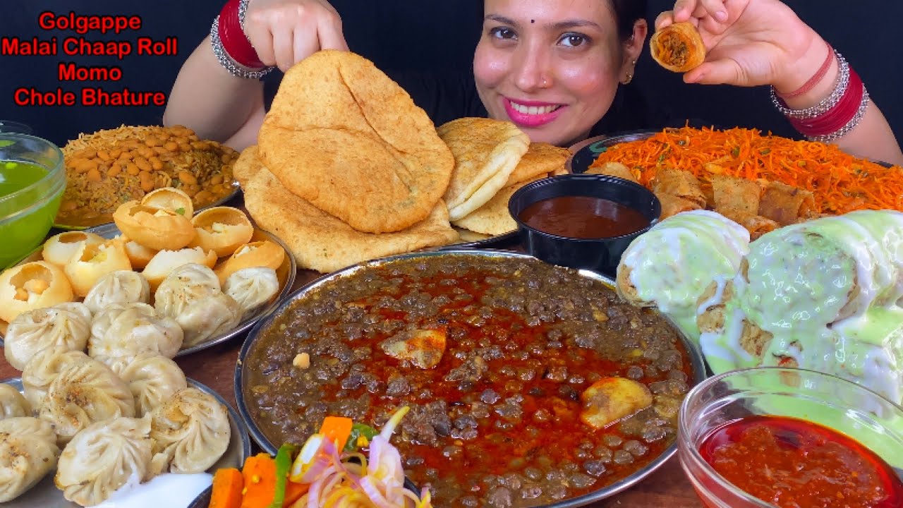 Eating Spicy🔥 Chole Bhature, Malai Chaap Roll, Momo, Golgappe, Rajma, Fried Rice, Spring Roll Noodl