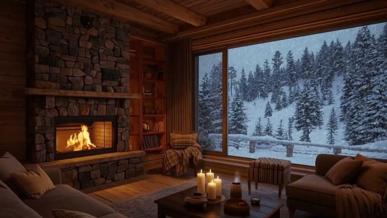 Cozy Winter Library Lodge | Snowy Courtyard Night Ambience. winter fireplace ambience