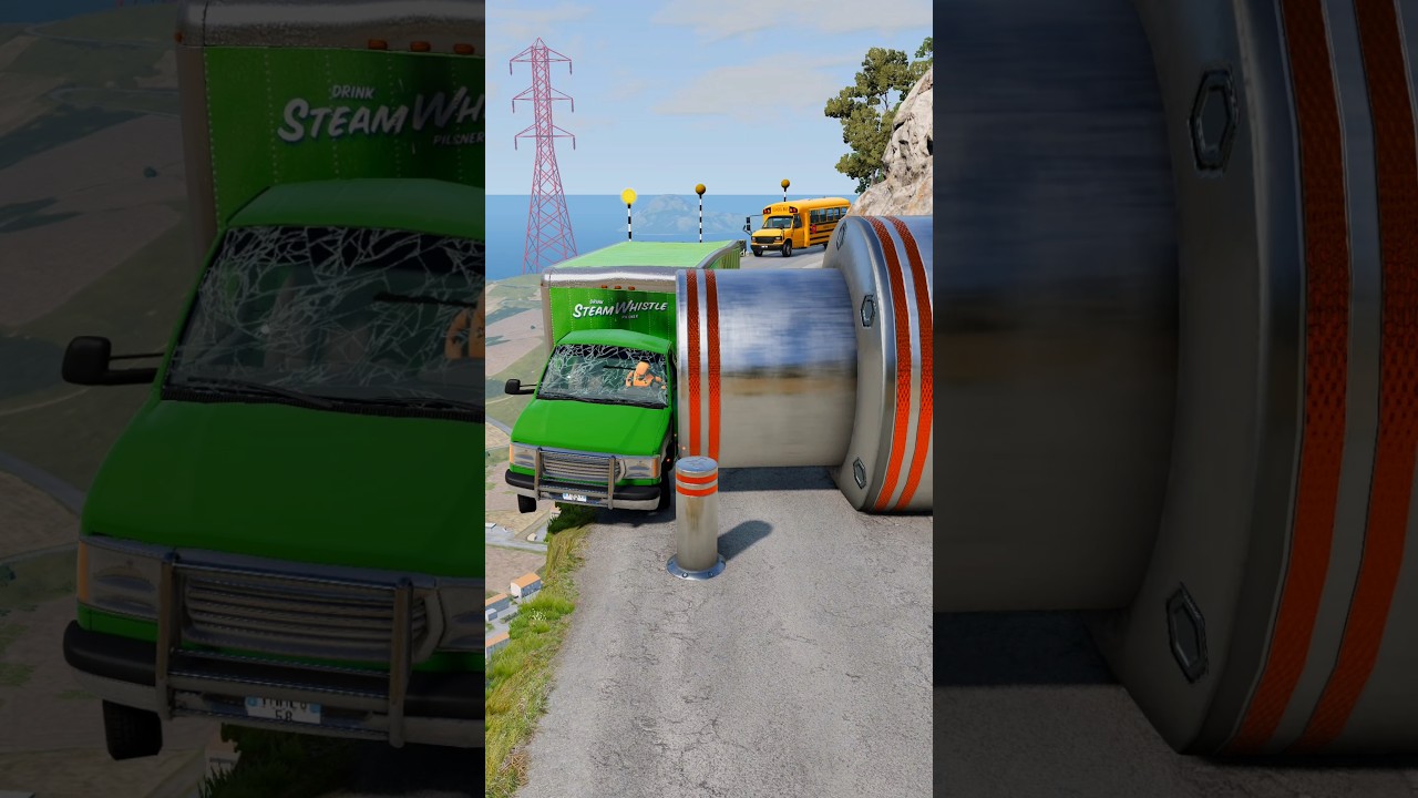 School Bus & Cargo Truck vs Giant Pit Bollards Crash - BeamNG.Drive