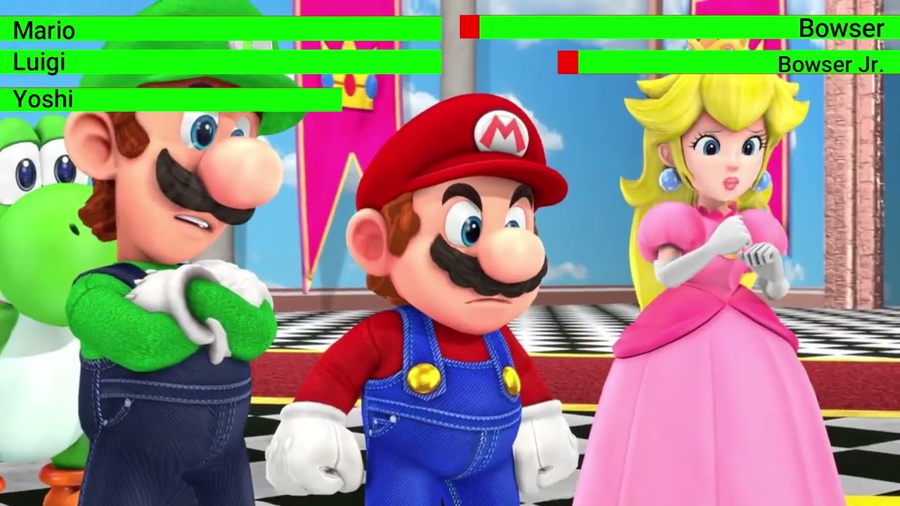 Mario, Luigi, & Yoshi vs. Bowser and Bowser Jr. with Healthbars