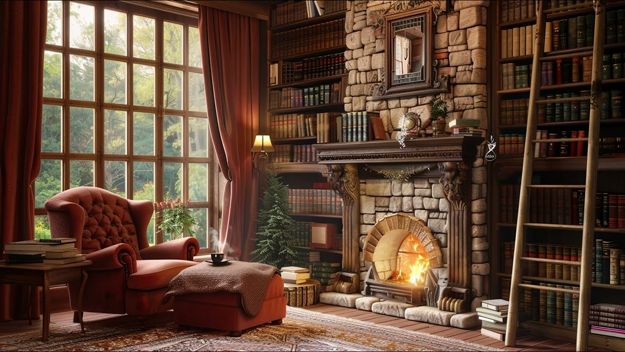 Cozy Home Library | Fireplace Ambience