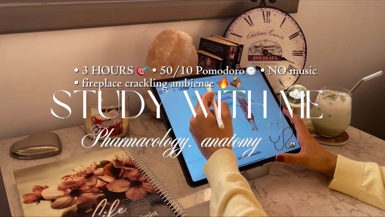 Study With Me 3 hours 📝 | 50/10 pomodoro - fire crackling ambience 🎧🔥 