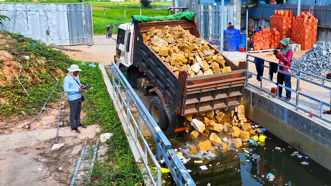 Impressive Working !! Land Filling Soil Stone Delete Garage by Bulldozer Skill Full & Team DumpTruck