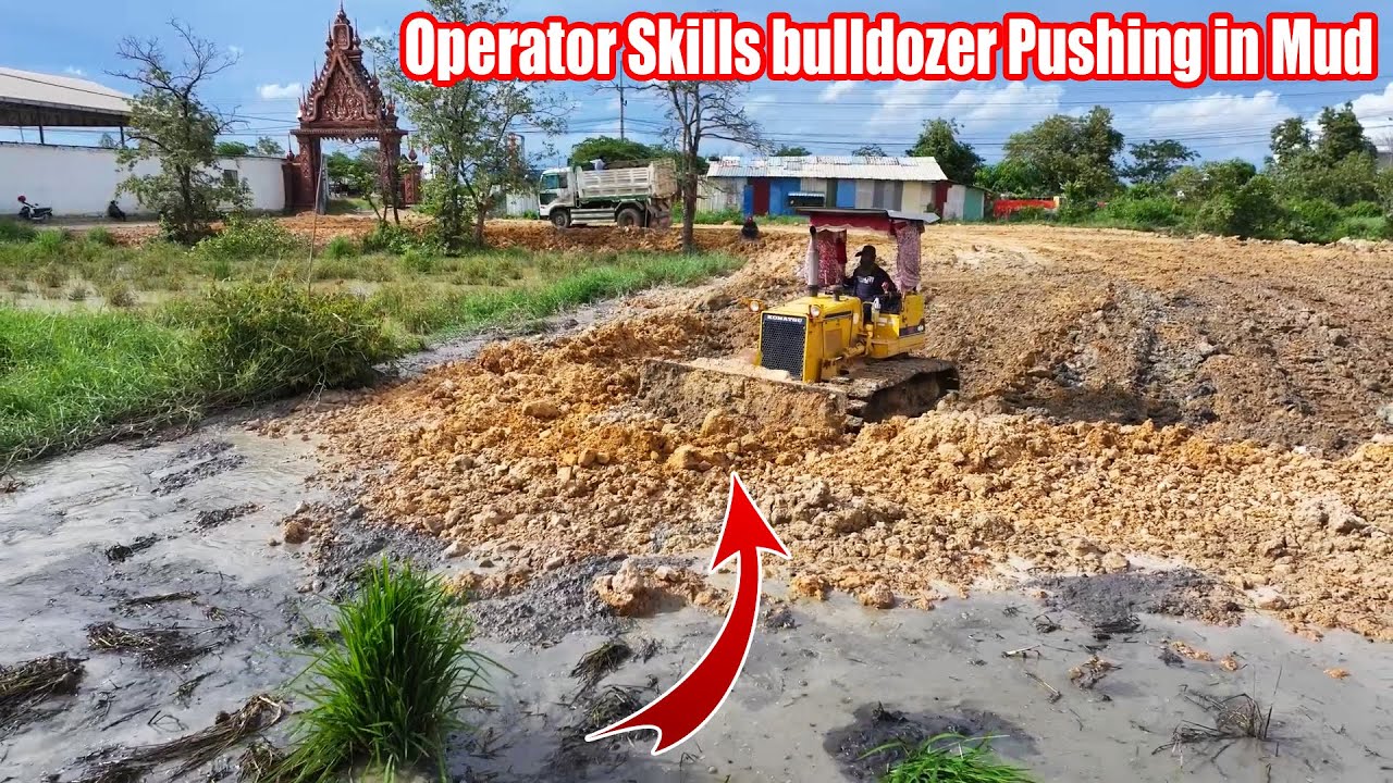 Wow! Amazing Skills Operator Strong Dozer D31P Pushing Soil In Mud With Dump Trucks Spreading Dirt