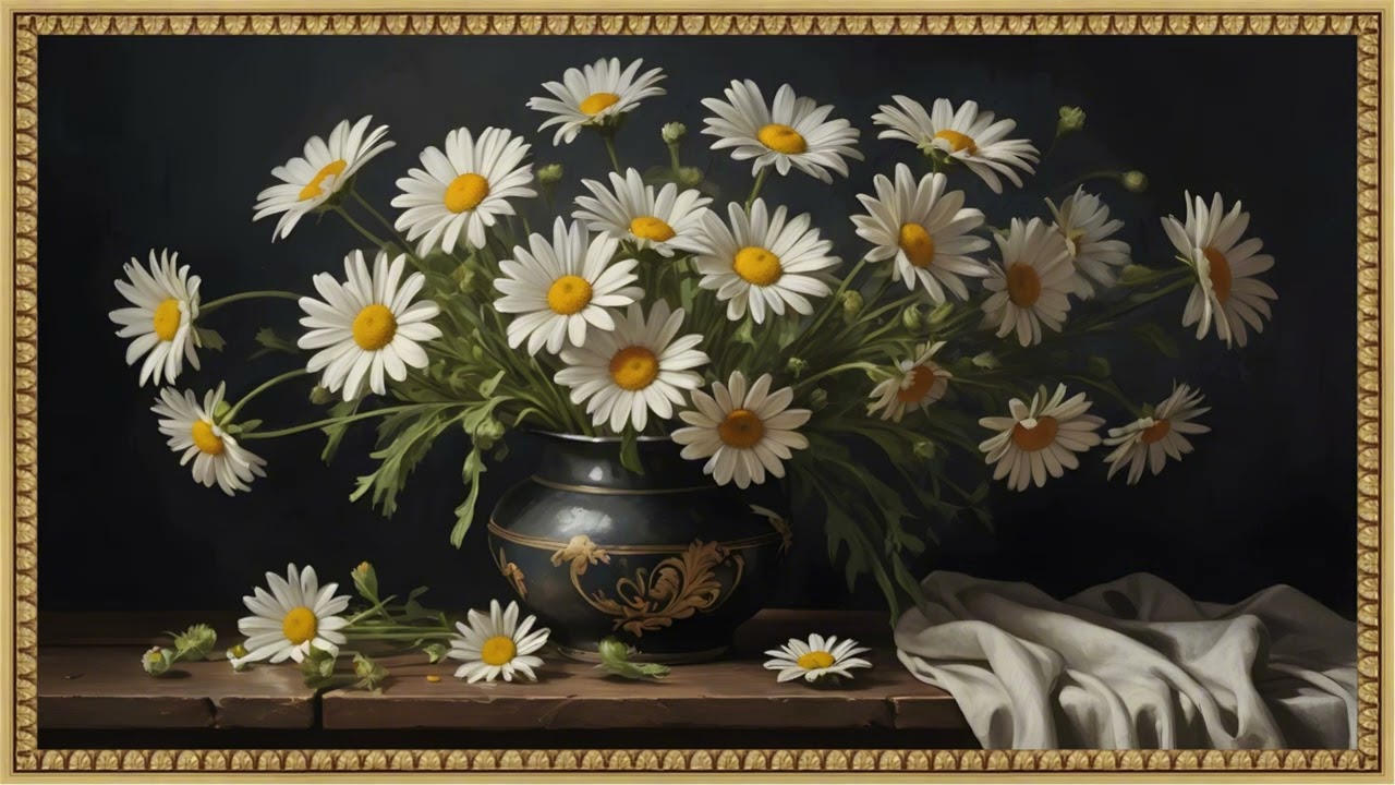 Vintage Daisies Still Life | Dark Floral Painting in 4K | Romantic Digital Art