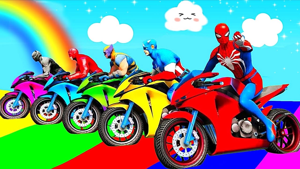Человек-паук спасает Бэтмена - Superheroes Ride Motorcycles on Parkour Ramp Funny GTA 5 Stunts??