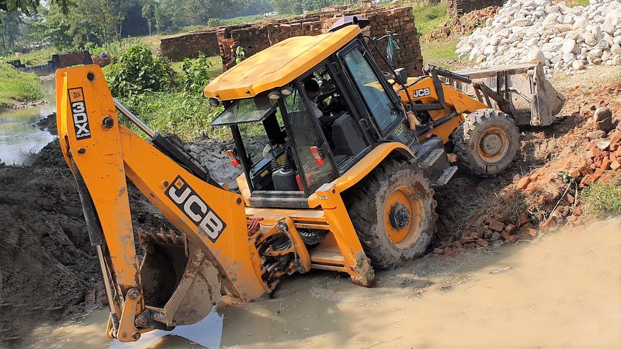 JCB Earth Movers Trying to Break Old Bridge - JCB 3dx eco working For Village Road Construction
