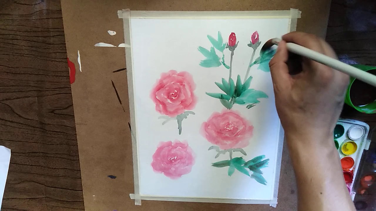 Rosas con técnica oriental de acuarela.