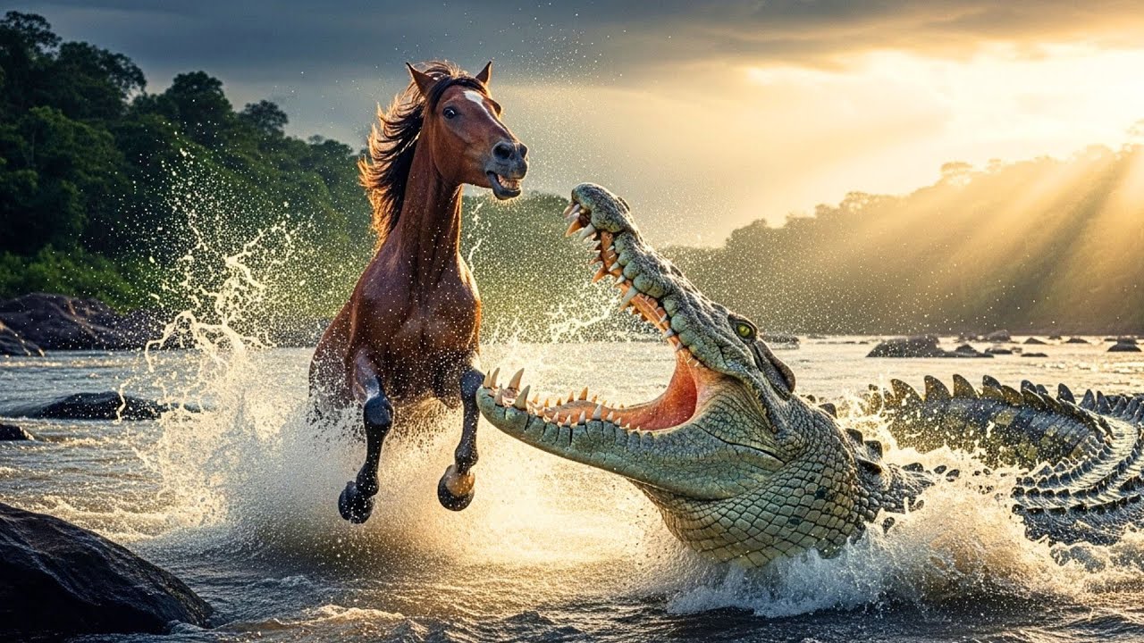 COCODRILO GIGANTE ATACA CABALLO DURANTE CRUCE DEL RÍO... LA LUCHA POR LA SUPERVIVENCIA ES IMPACTANTE