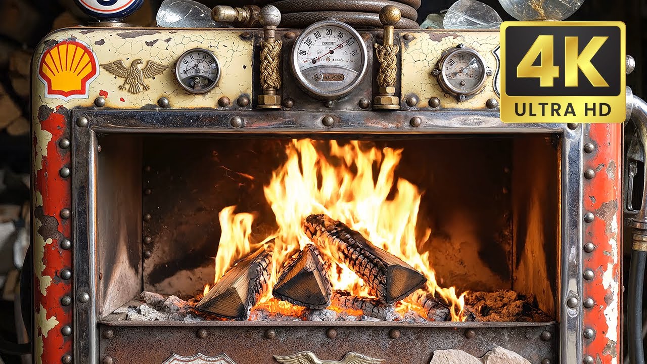 | 4K | Vintage Gas Station Fireplace | Route 66 Fuel & Flames 🇺🇸 | Real Fire Sounds | No Music  RUST