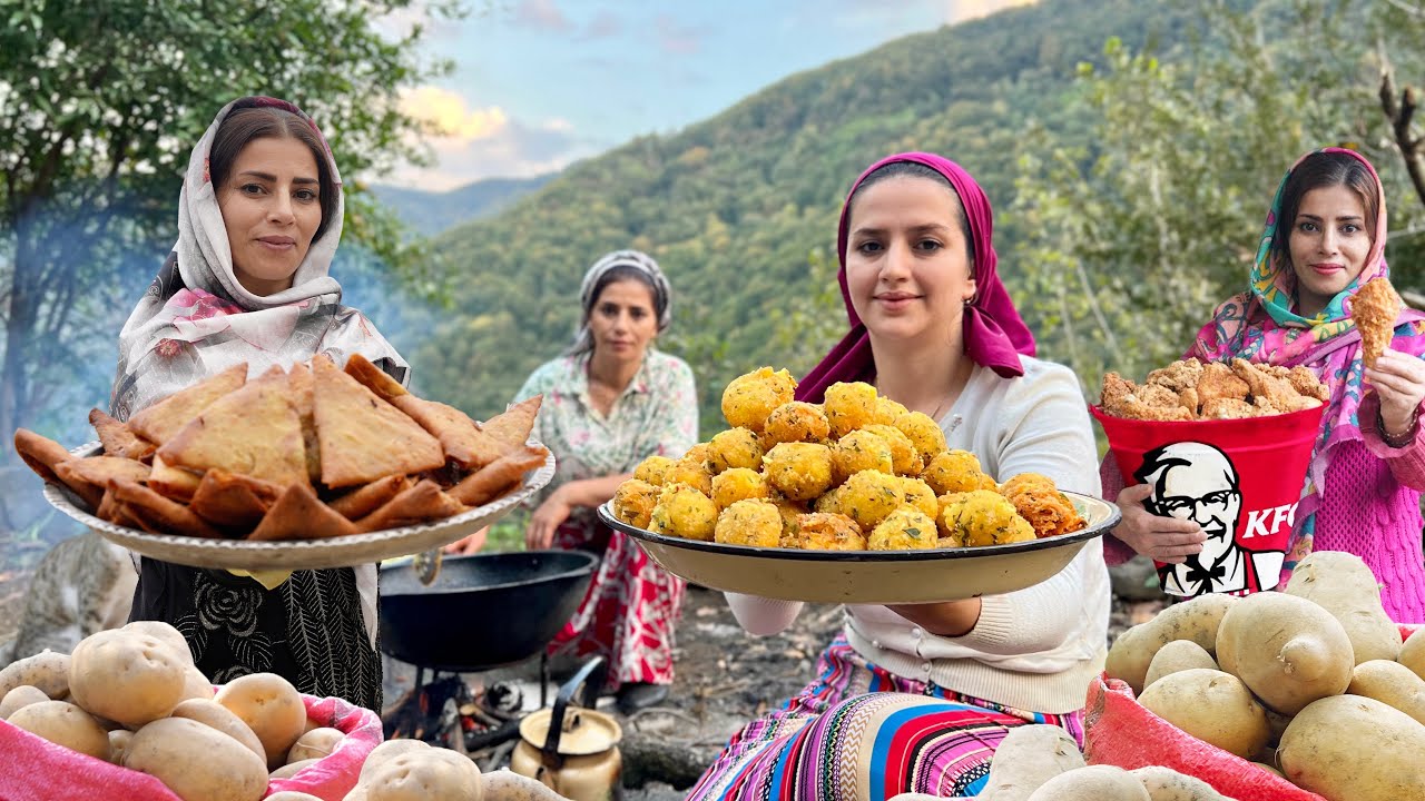 Микс кулинарных закусок! Курица KFC, самбуз и картофельные шарики в деревне