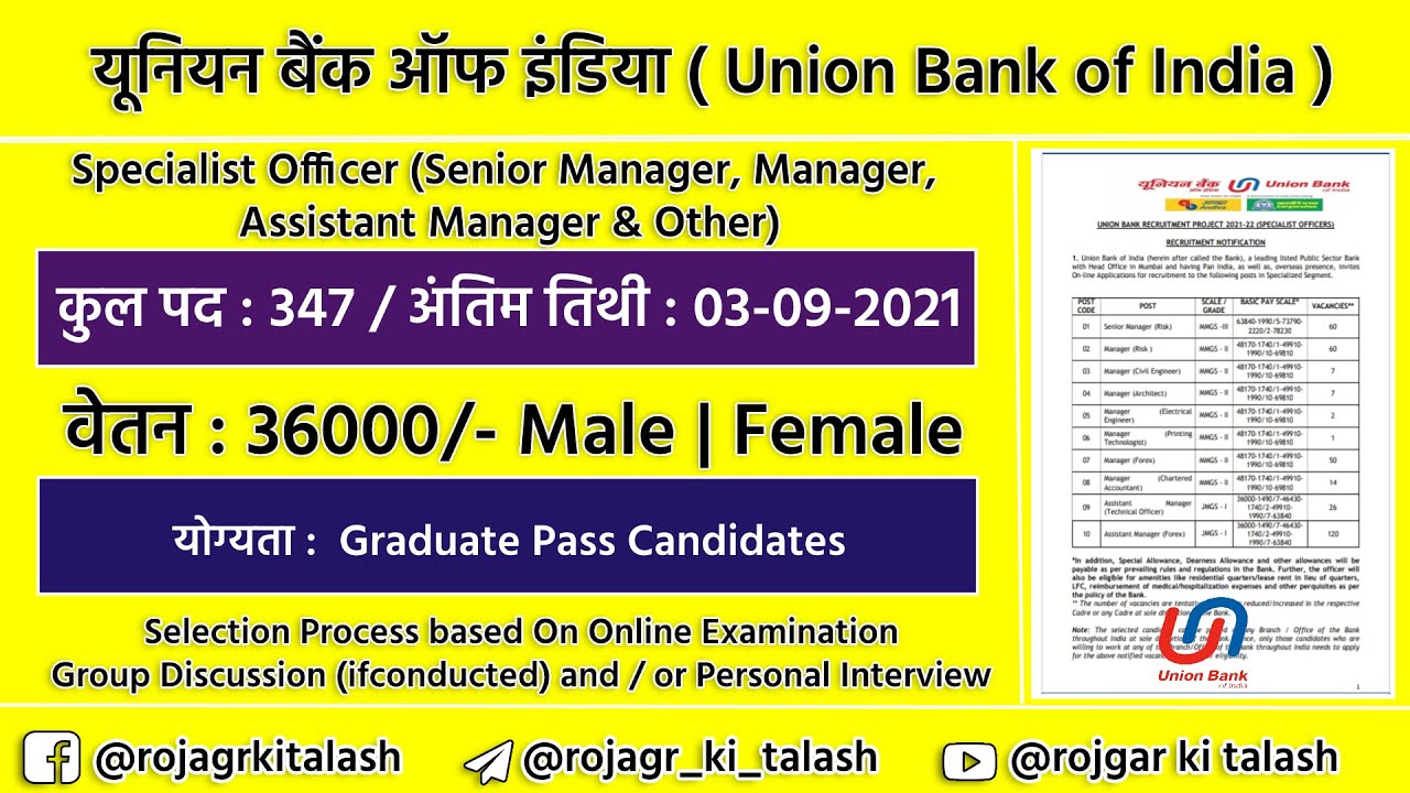 Union Bank Recruitment 2021 Notification | Union Bank SO Online Form 2021 | Rojgar Ki Talash