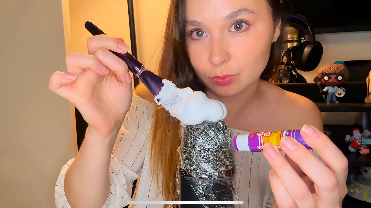 asmr triggers on mic 🎙️ glue sticks, shaving cream, water spraying, shaving cream, slime