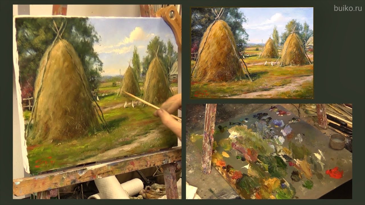 Три стога сена. Линейная и воздушная перспектива в живописи. Живопись маслом. Oil painting