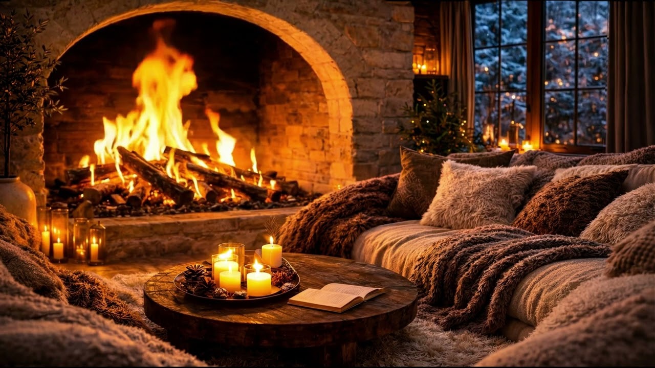 4 Hours Cozy Cabin Fireplace Crackling 🔥 Relaxing Night Ambience for Sleep & Study