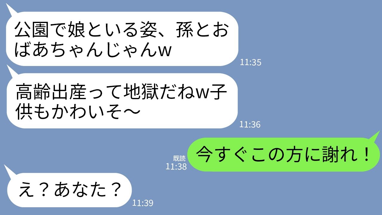 【LINE】42歳で高齢出産した私に公園で毎回からんでくる若さ自慢のママ友「ババアが子育て頑張っててウケるw」→直後、夫から私の正体を知った女が発狂した理由がwww