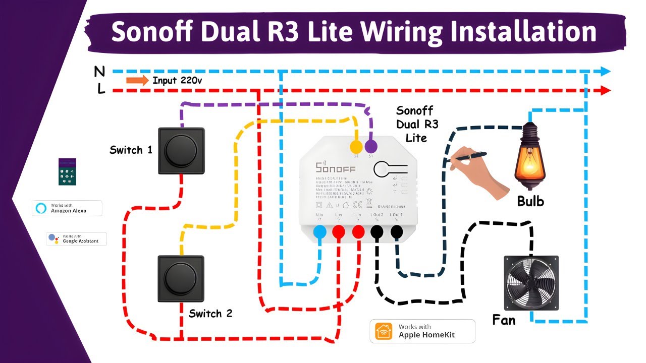 Wiring Install Sonoff Dual R3 Lite 2 Gang Smart Wifi Switch Works With Amazon Alexa I Google Home