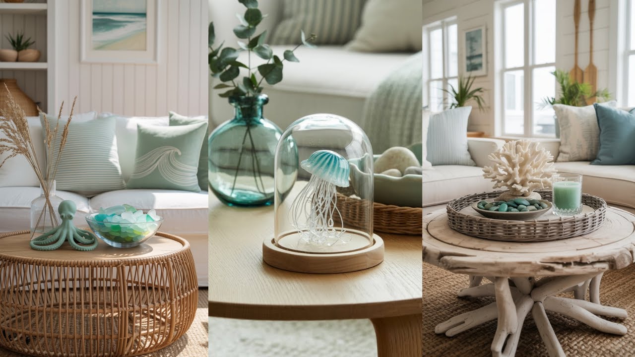 Coastal Coffee Table Decor | Elegant Beach Cottage Living Room Centerpiece Ideas with Seaside Charm