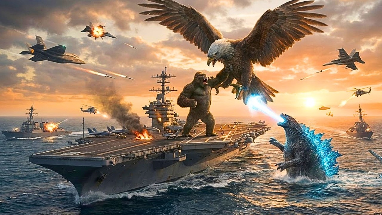 King Kong and Godzilla vs. The Sky Titan Roc: Aircraft Carrier Battle in the Pacific Ocean