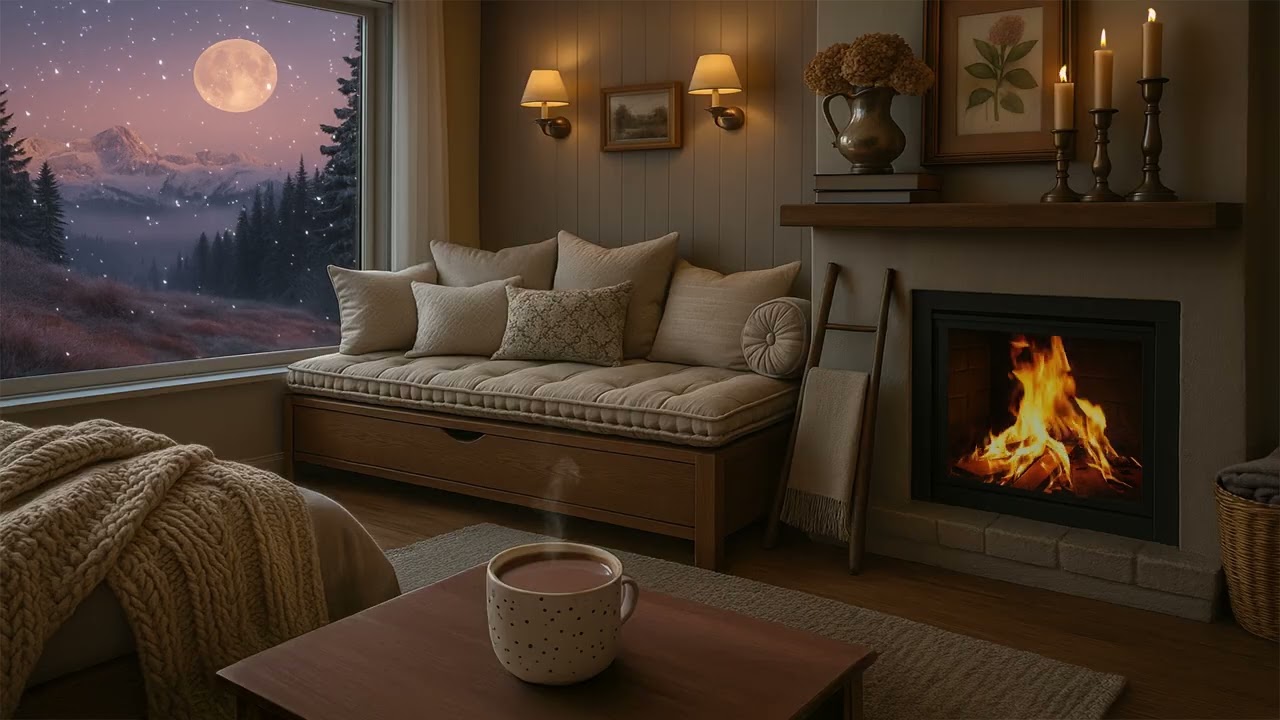 ❄️ Cozy Reading Nook Fireplace Ambience | Snow Falling & Crackling Fire