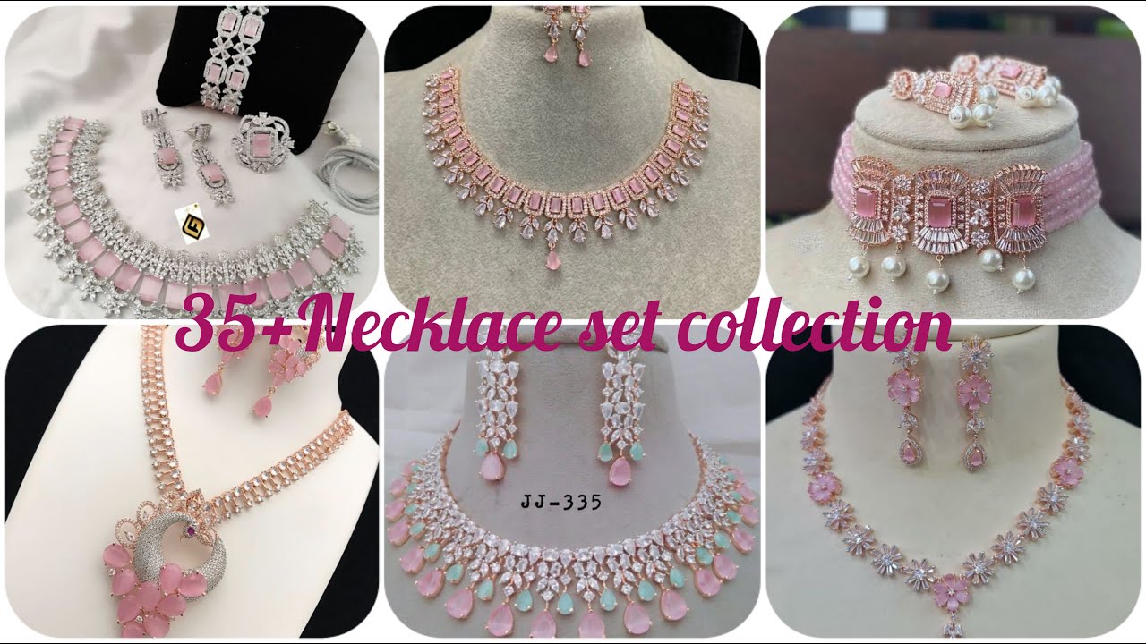 Simple stylish sliver pink stone necklace set collection #2024 #gala set