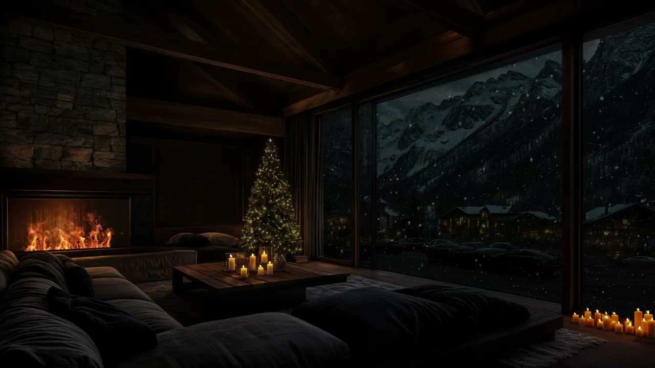 No Ads – Snowfall & Crackling Fire in a Mountain Winter Hideaway ❄️🏔️  Relaxing Winter Sounds