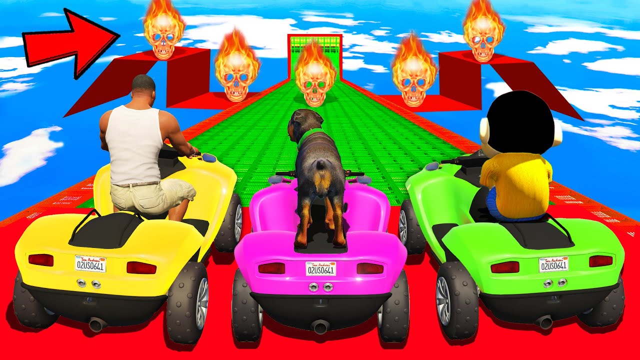 SHINCHAN AND FRANKLIN TRIED SKULL FIRE MEGARAMP RACE JUMP CHALLENGE BY CARS BIKES TRUCKS GTA 5
