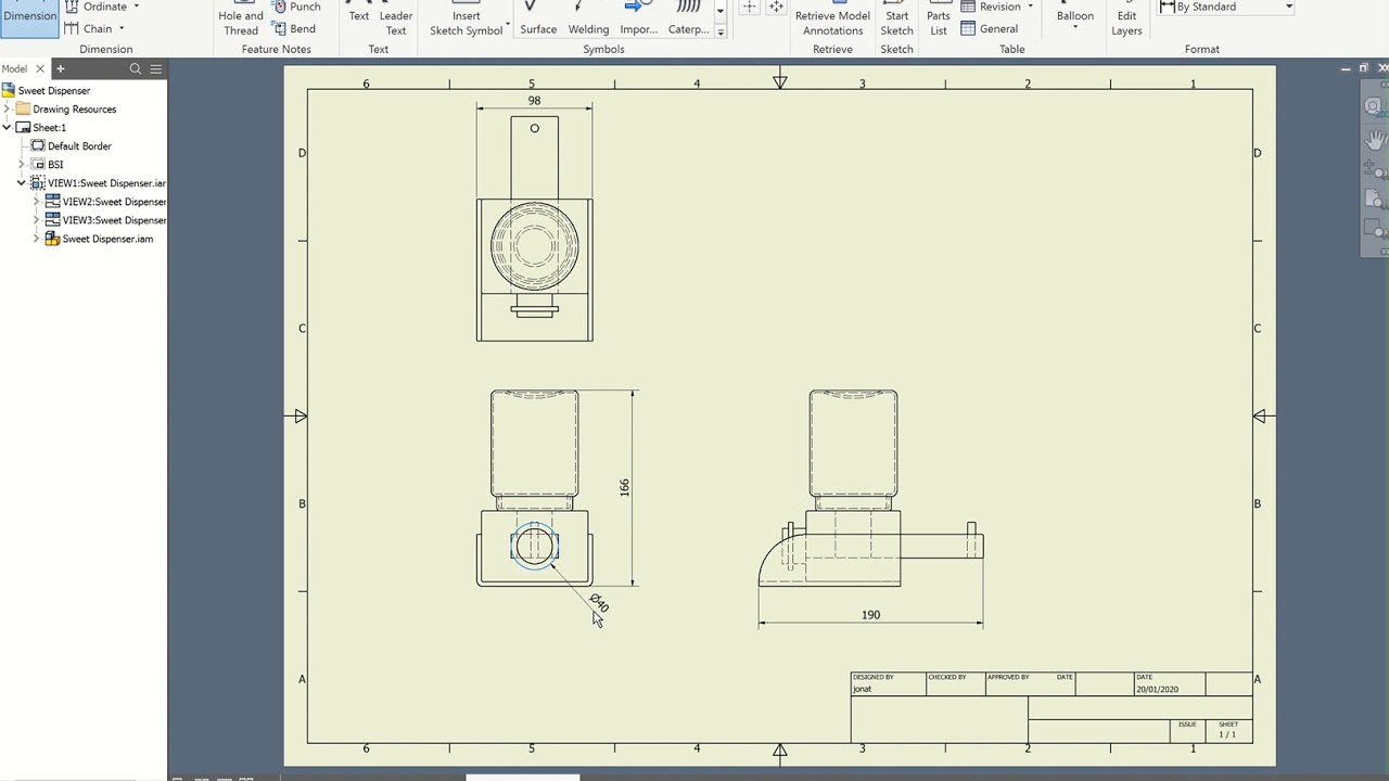 14 - Inventor CAD Tutorial - Sweet Dispenser Assembly Orthographic Drawing