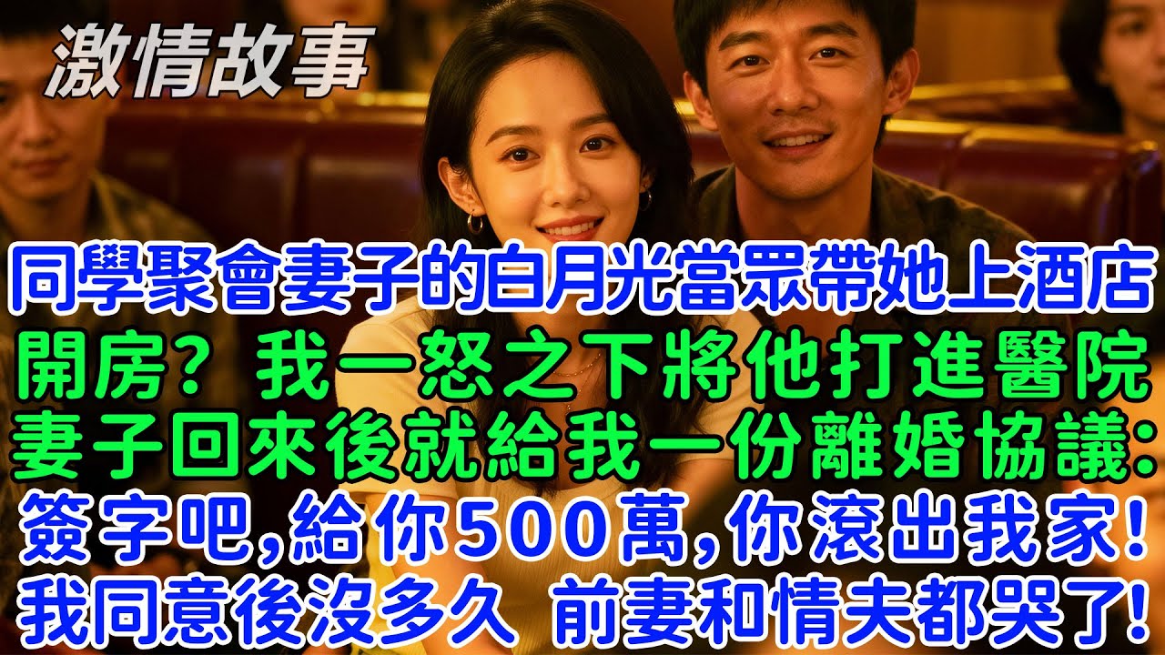 同學聚會妻子的白月光當眾帶她上酒店開房？ 我一怒之下將他打進醫院，妻子回來後給我一份離婚協議：簽字吧，給你500萬，你滾出我家！我同意後沒多久，前妻和情夫都哭著求我！