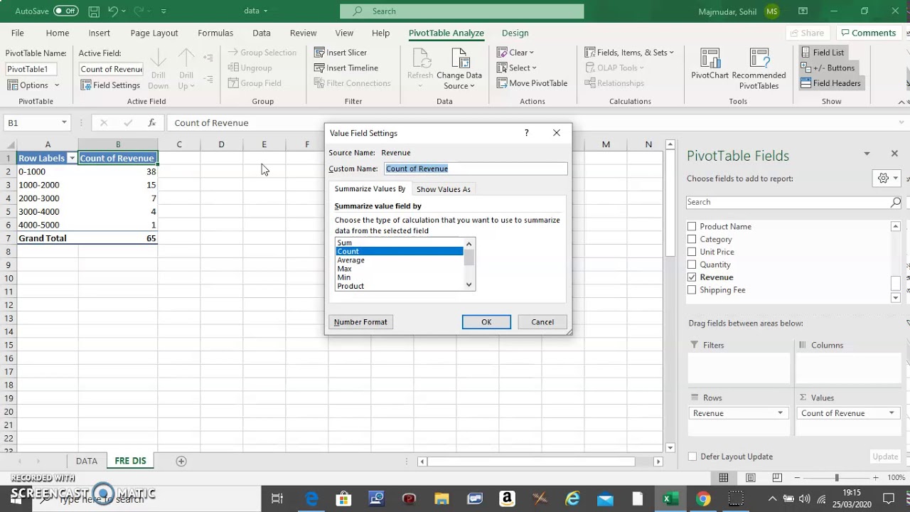 Frequency Distribution using Pivot Tables