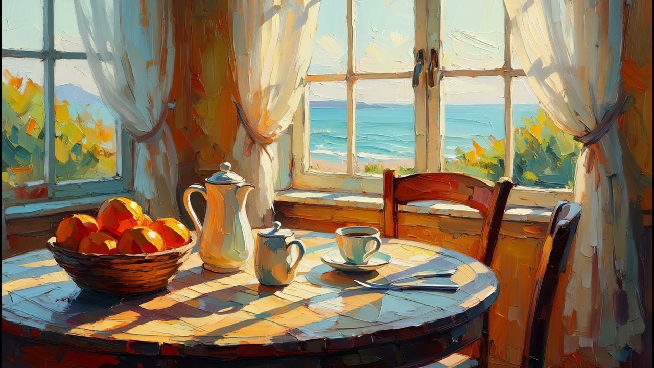 4K Frame TV Art No Music | Coastal Breakfast Oil Painting | 1-Hour Ambient Screensaver