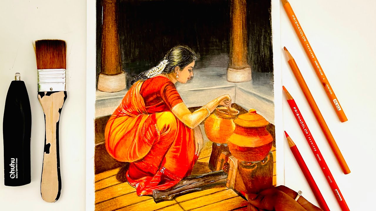 Pencil drawing video of Indian Village girl | Recreating S.Elayaraja's painting using color pencil