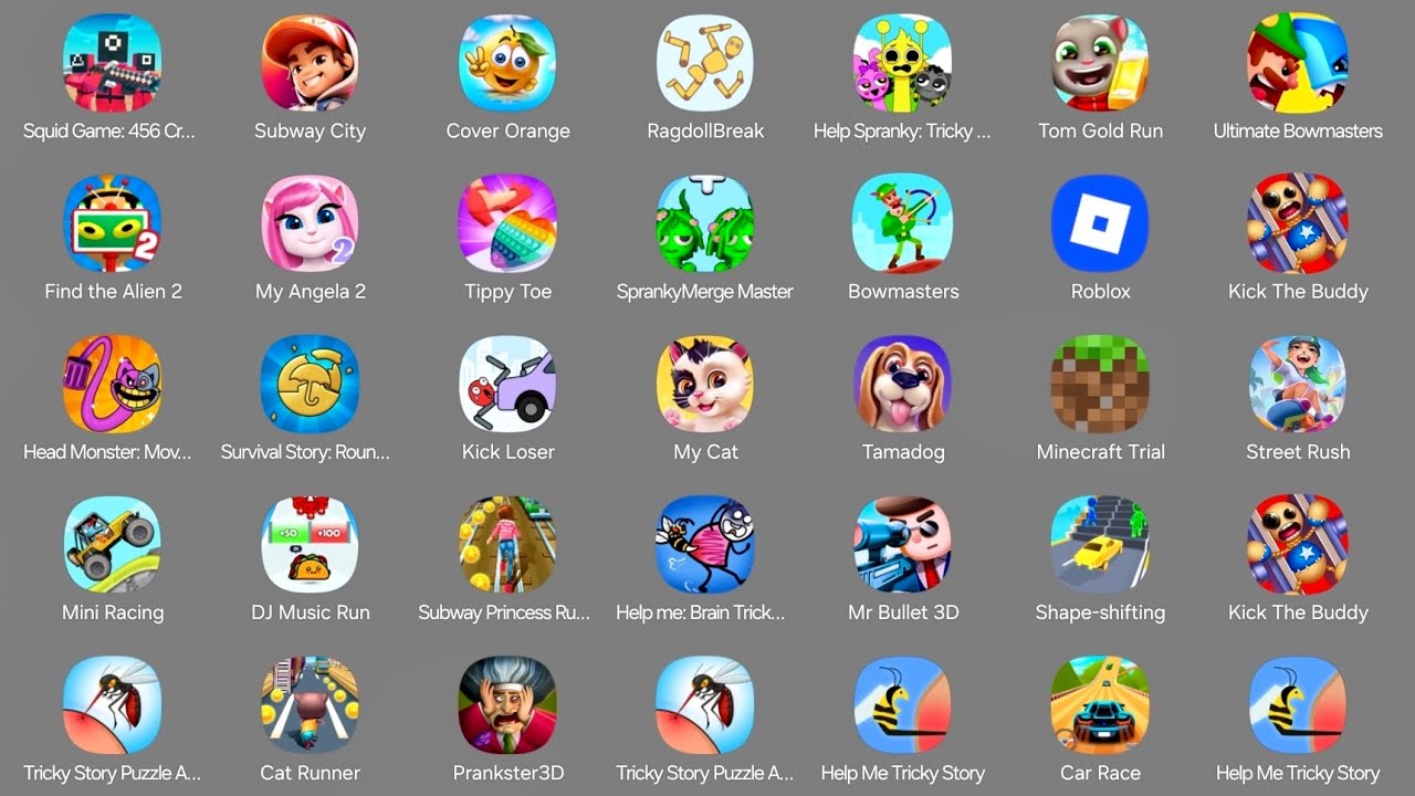 Sprunki,Subway City,Squid Game,Roblox,Help Me Tricky Story,Shape Shifting,Puppy Play Time
