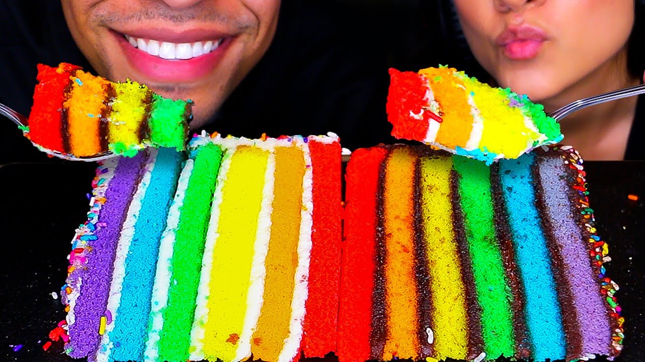 ASMR RAINBOW CAKE MUKBANG EATING SHOW SOUNDS WITH WIFE NO TALKING *HILARIOUS BLOOPERS AT THE END*