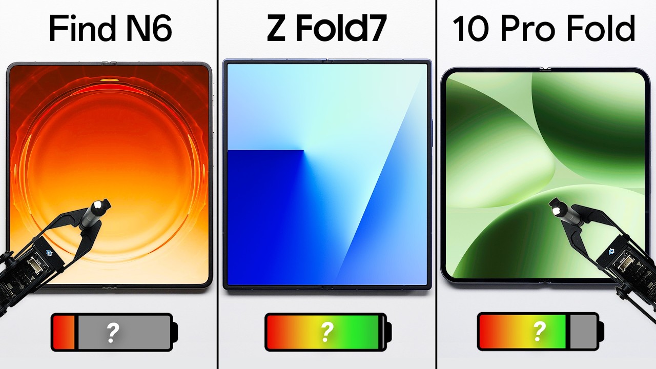Сравнение времени автономной работы OPPO Find N6, Galaxy Z Fold 7 и Pixel 10 Pro Fold.