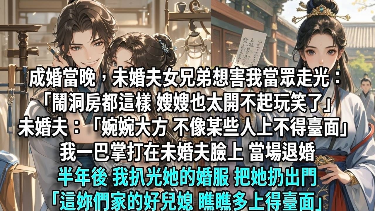 成婚當晚，未婚夫女兄弟扒扯我，想害我當眾走光，一臉無辜：「鬧洞房都這樣，嫂嫂也太開不起玩笑了。」未婚夫：「婉婉大方得體，不像某些人上不得檯面。」我一巴掌打在未婚夫臉上，當場退婚。半年後，我扒光她