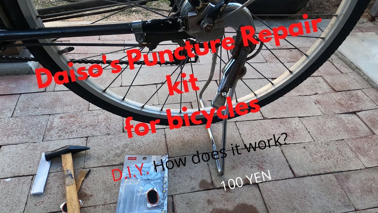 How to fix a bicycle flat tire using Japans' Daiso 100 Yen repair kit.