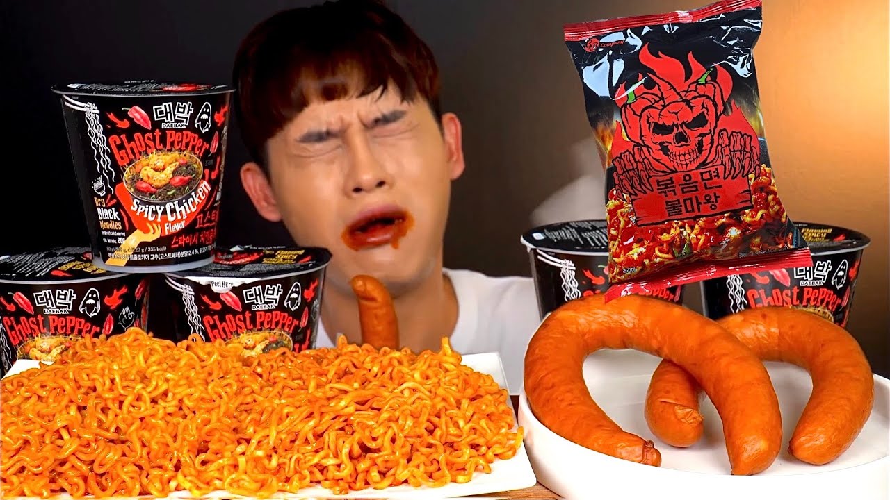 ASMR 고스트페퍼🔥불마왕볶음면🌶불닭볶음면 킬바사소시지 먹방 Spicy Noodles Ghost Pepper Noodles With kielbasa Sausage MuKbang