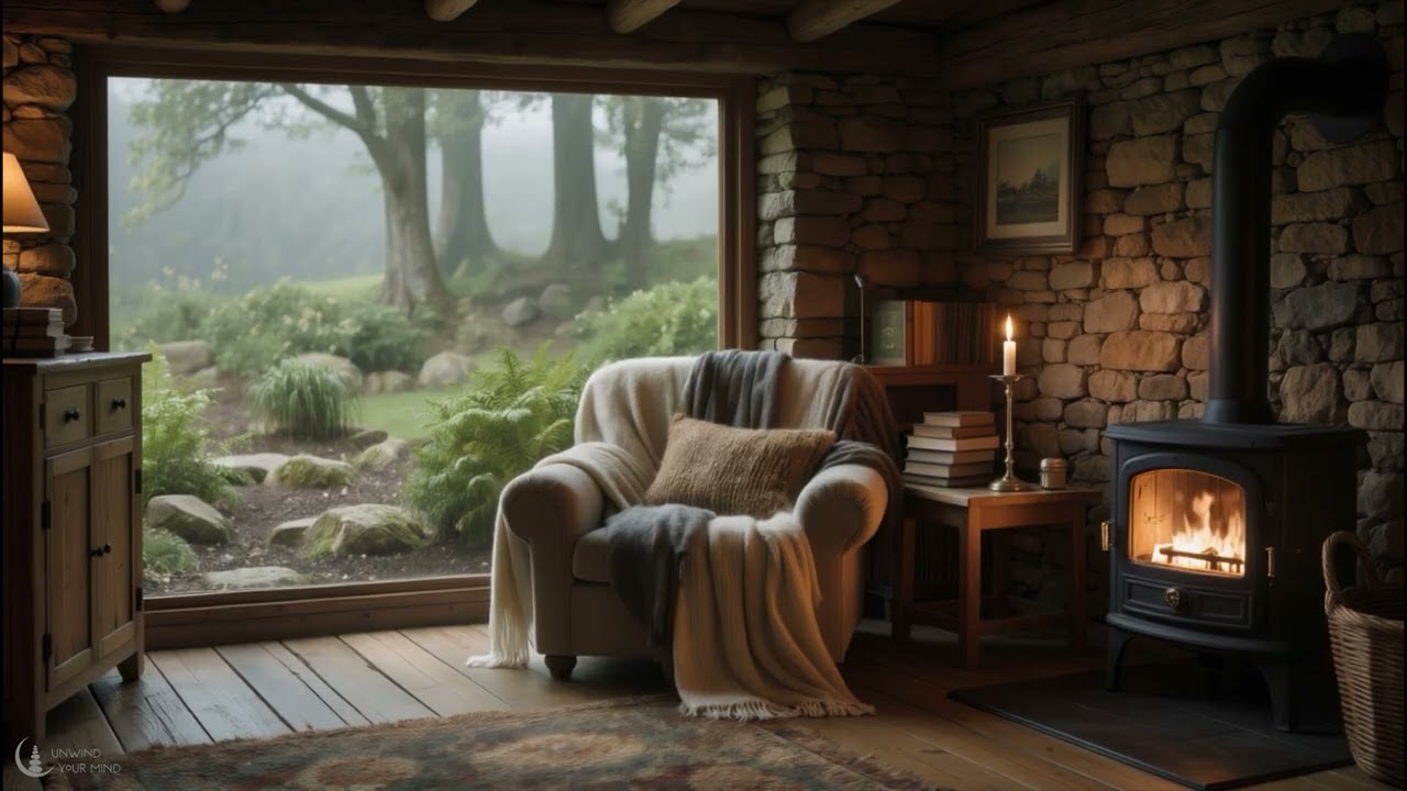 Cozy Reading Nook with Piano Jazz and a Warm Wood Stove