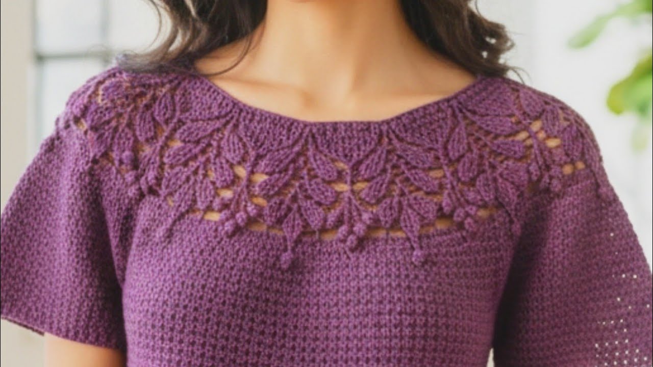 حصري /  بلوزة كروشية مجسمه بغرزة أوراق الشجر  و عناقيد العنب #ملابس  / كروشيه_يوتيوب #crochet