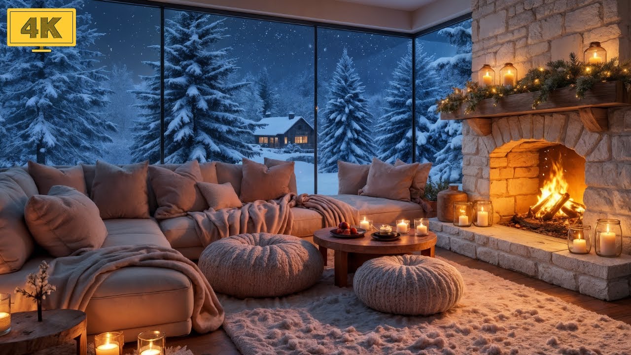 Cozy Snowy Cabin Night ❄️ Gentle Violin Music & Crackle Fireplace Atmosphere for Relax & Work