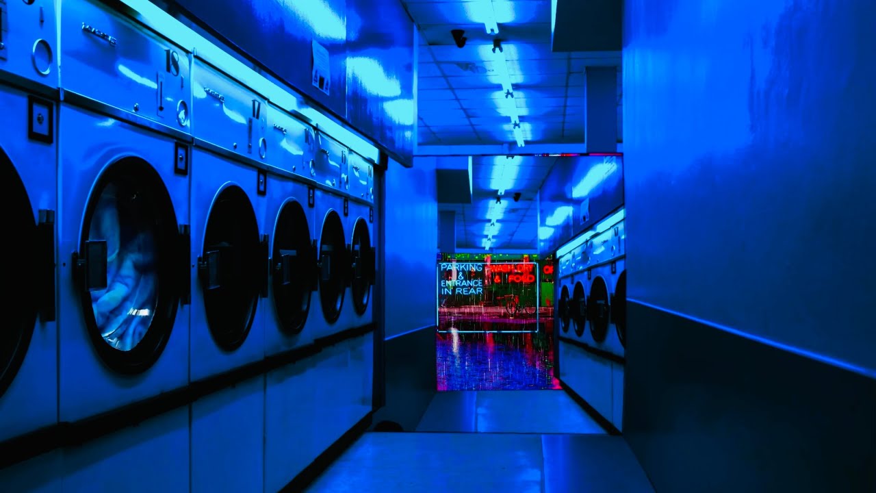 Late night laundromat w/ thunderstorm outside | 10 Hours Laundromat Ambience