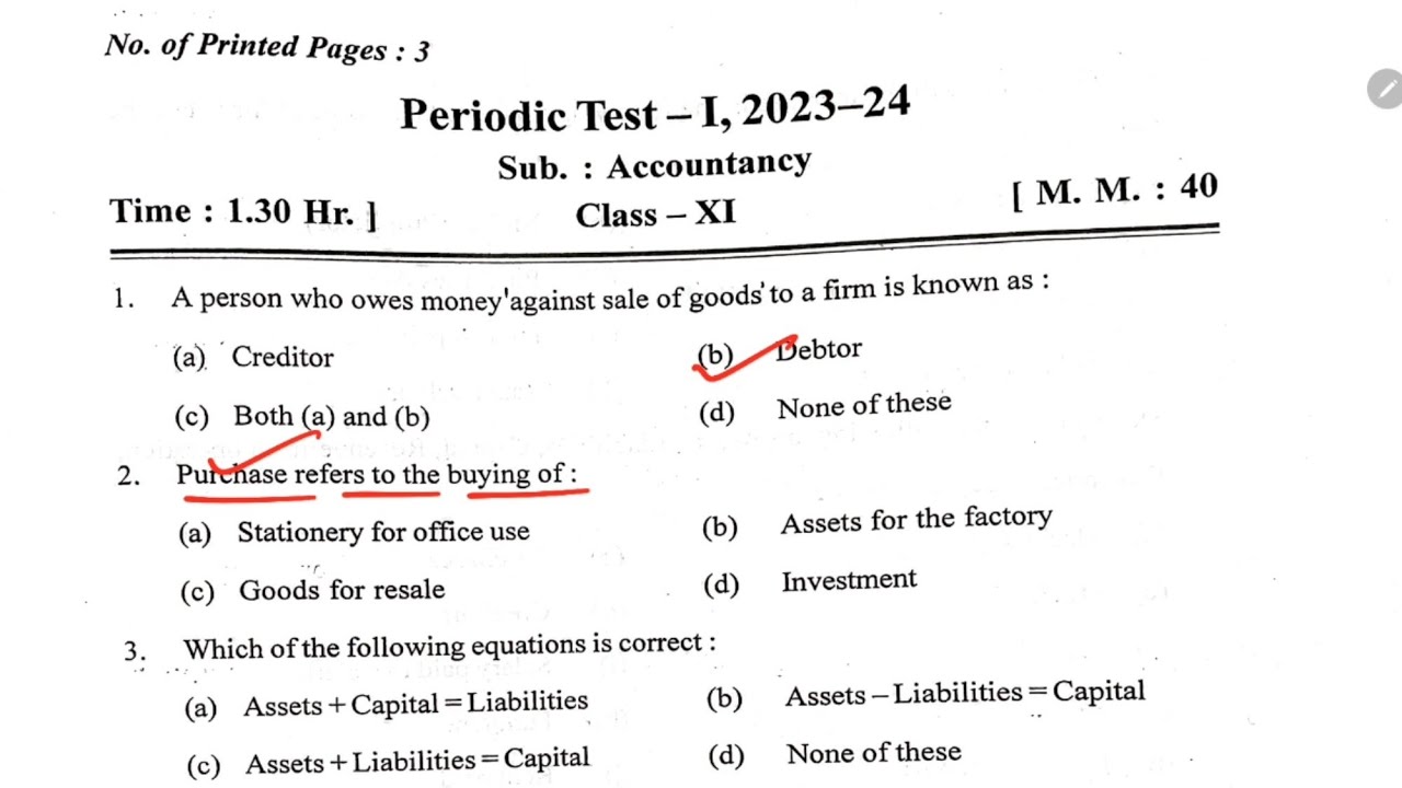 KV PT-1 Question Paper / Class-11 Accountancy / Periodic Test Paper For KV Students 2023-24