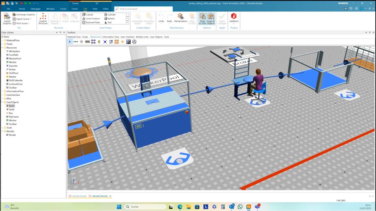 Tecnomatix Plant Simulation Tutorial: Making a 3D worker sit at a work station