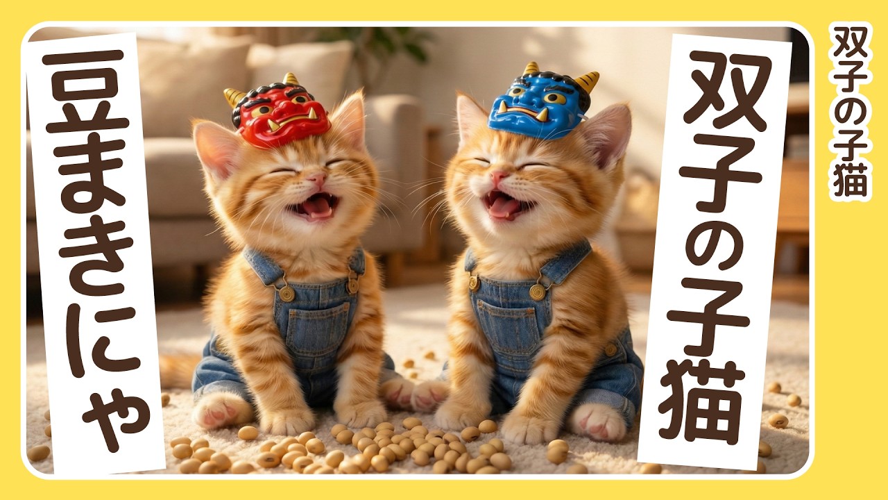 双子の子猫、はじめての豆まきで大はしゃぎ【第12話】【AI】