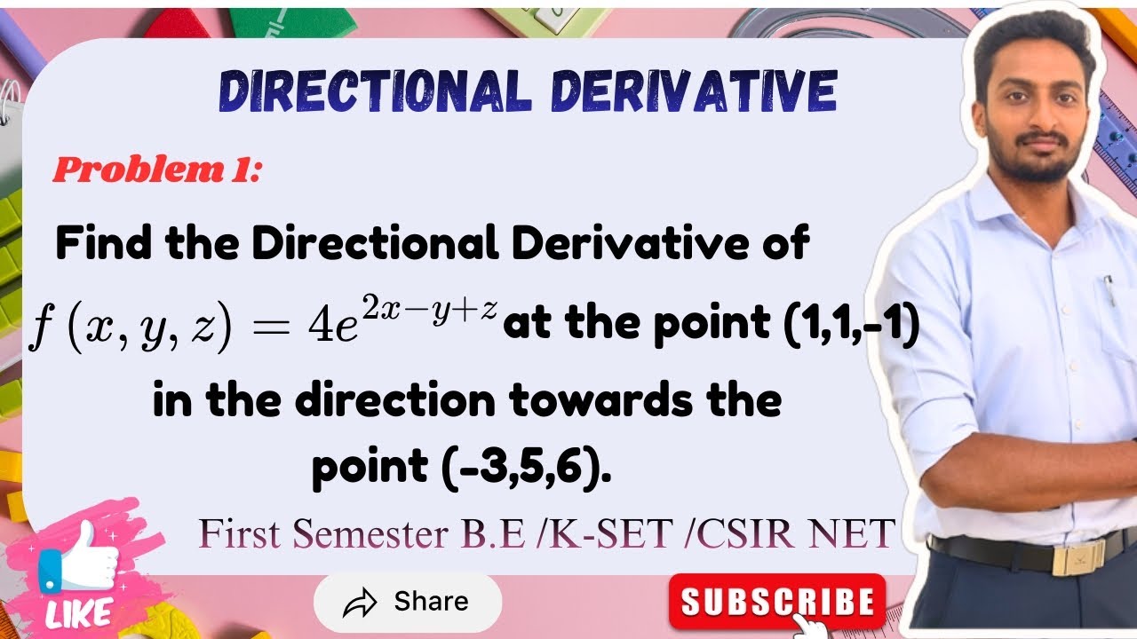 Find DD of f(x,y,z)=4e^(2x-y+z) at the point (1,1,-1) in the direction towards the point (-3,5,6). 